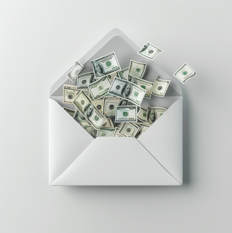 Email marketing - picture of an envelope with money bursting out of the top